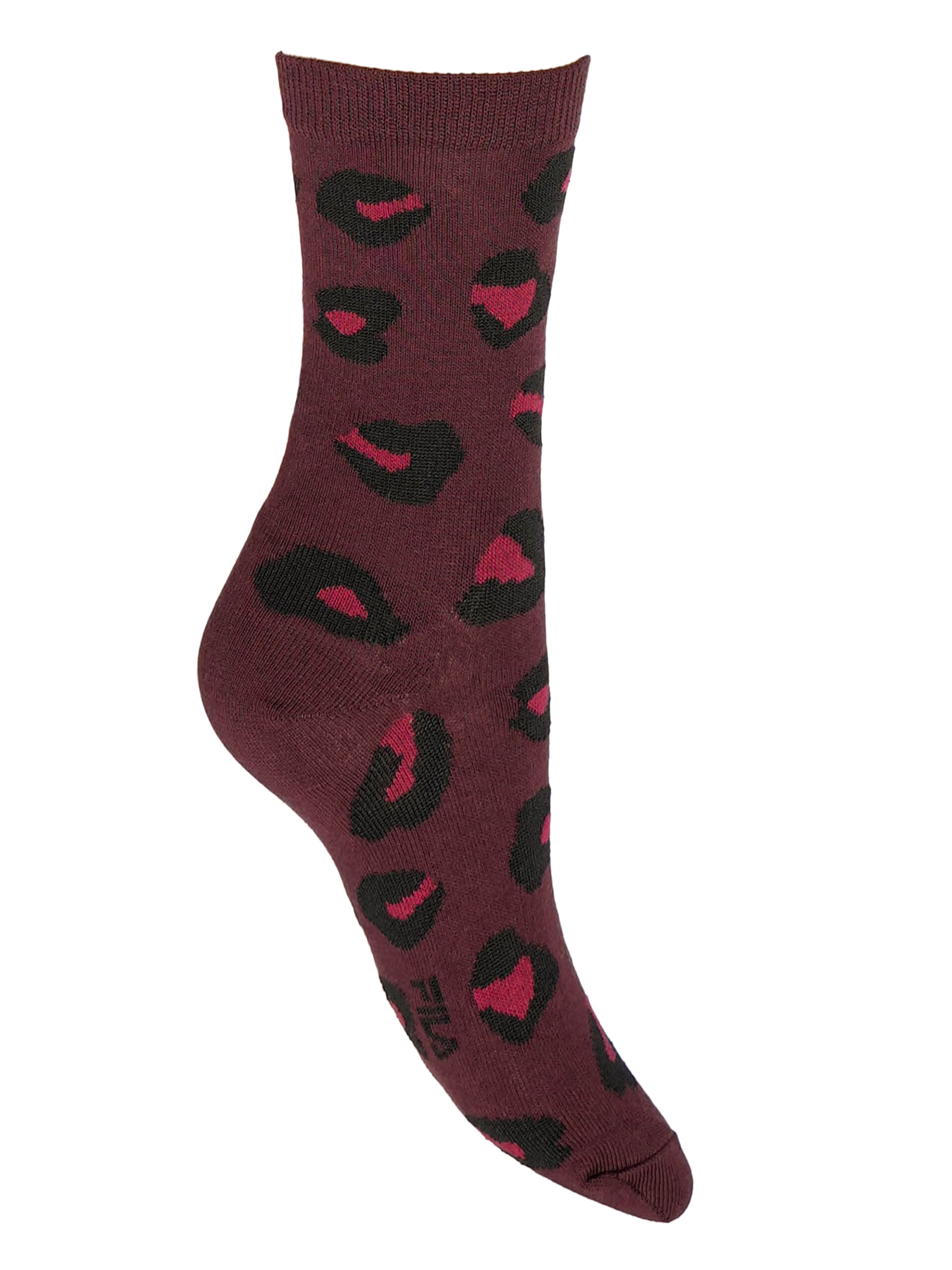 Fila Leopard Crew Socken im 3er-Pack – auffälliges Leopardenmuster in Schwarz und Weinrot mit dezenten Punktdetails, aus atmungsaktiver Baumwolle