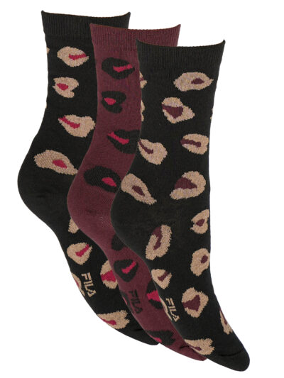 Fila Leopard Crew Socken im 3er-Pack – auffälliges Leopardenmuster in Schwarz und Weinrot mit dezenten Punktdetails, aus atmungsaktiver Baumwolle