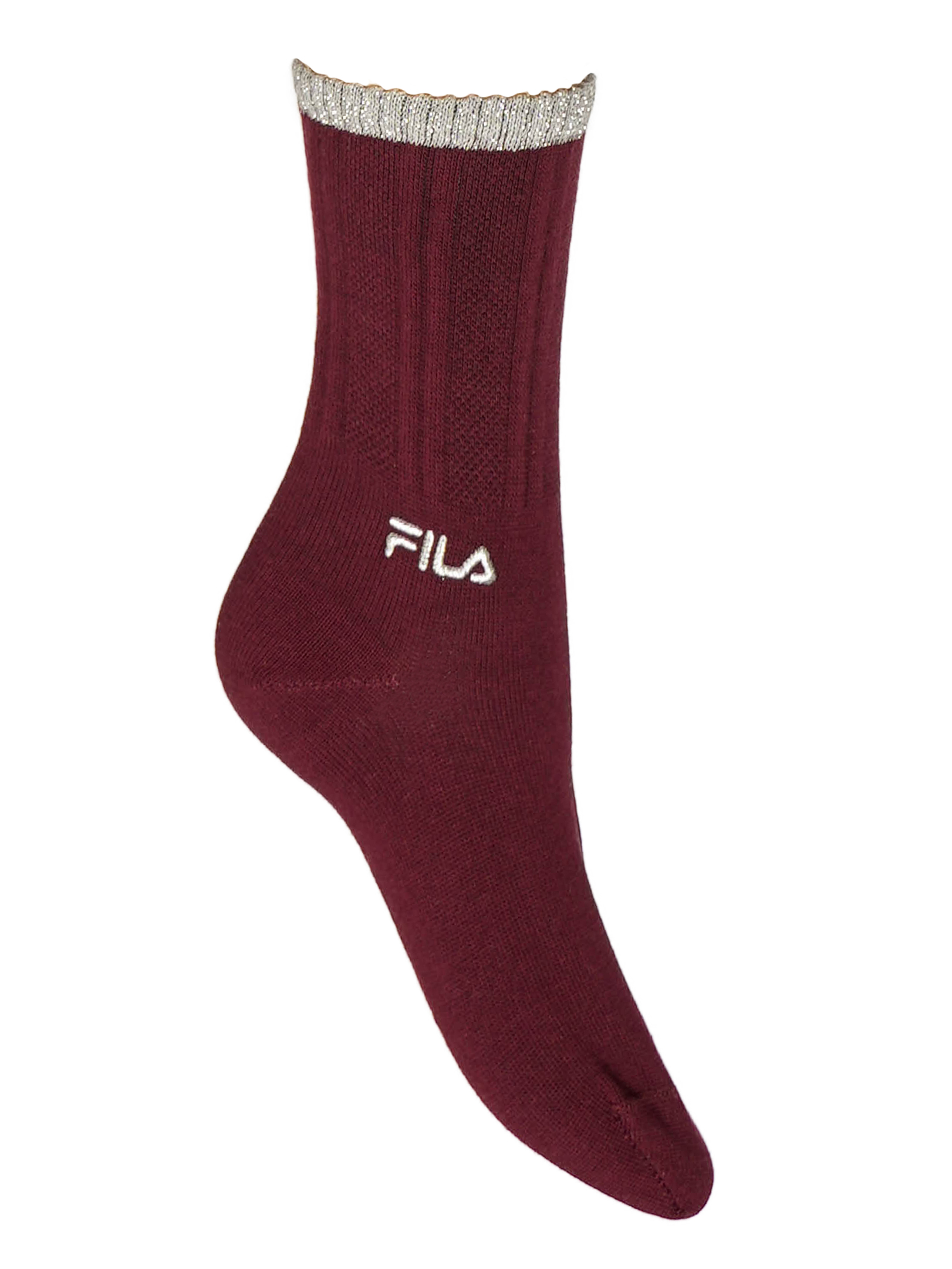 Fila Socken im 2er-Pack – in Schwarz & Bordeaux mit silbernem Glitzerstreifen am Bund und gesticktem Fila-Logo, aus atmungsaktiver Baumwolle