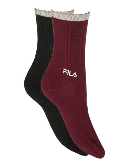 Fila Socken im 2er-Pack – in Schwarz & Bordeaux mit silbernem Glitzerstreifen am Bund und gesticktem Fila-Logo, aus atmungsaktiver Baumwolle