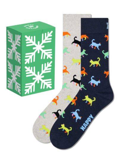 Happy Socks Geschenkbox Kitten Love mit zwei Paar Socken in Blau und Grau mit bunten Katzenmotiven