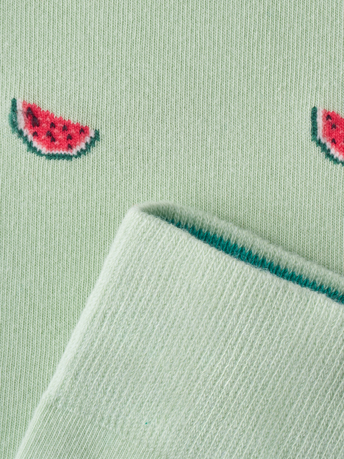 Von Jungfeld Watermelon Socken Mintgrün – Nahaufnahme der Wassermelonen-Icons und Innenbündchen