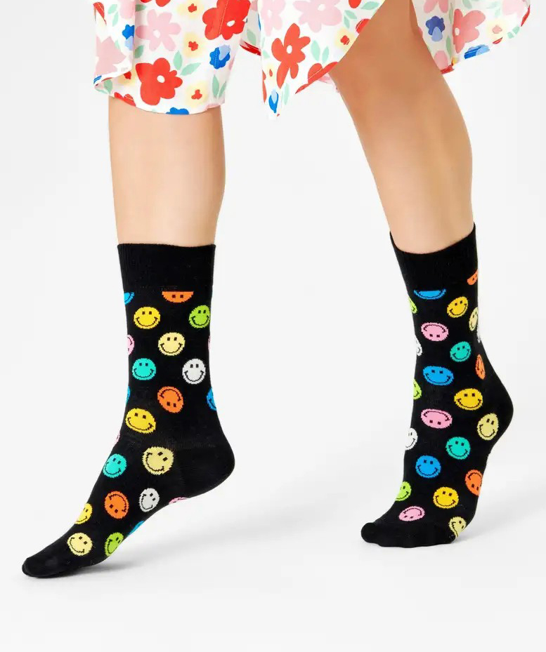 Happy Socks schwarze Smiley Socken mit bunten lachenden Gesichtern im Muster