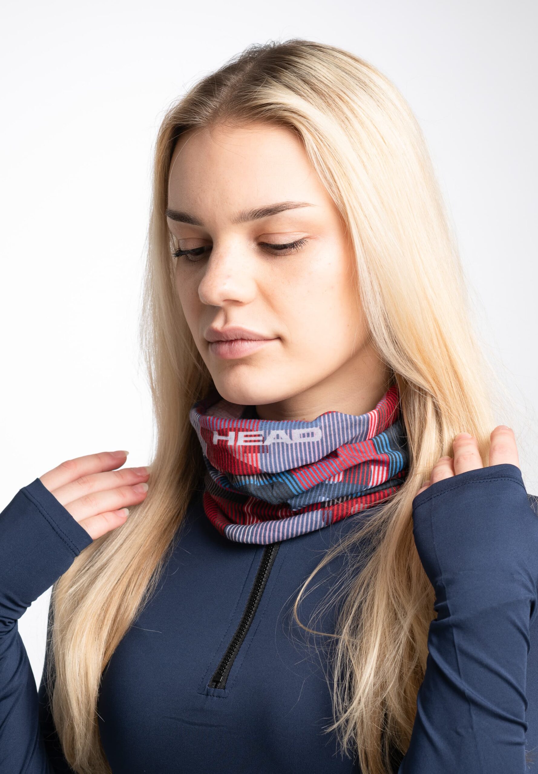 Head Original Sport Schlauchschal blau rot gestreift als Gesichtsmaske getragen für Windschutz