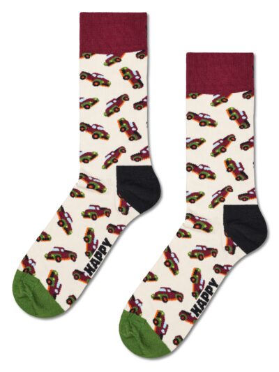 Happy Socks Pickup Truck Socken in Cream mit bordeauxroten Pickup Truck Motiven