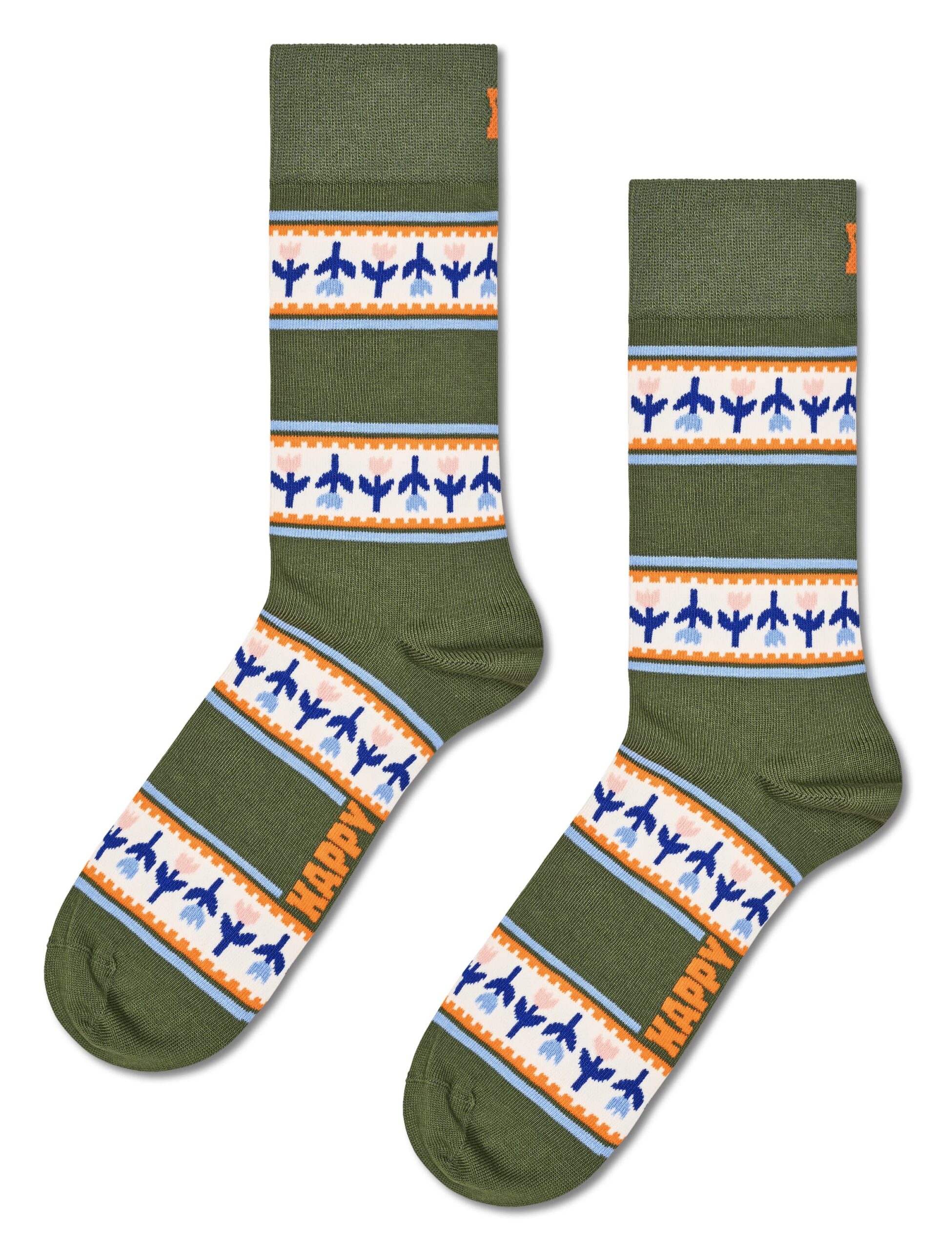 Happy Socks Tulip Stripe Socken in Salbeigrün mit cremefarbenen Streifen und eingewebten Tulpen aus gekämmter Baumwolle