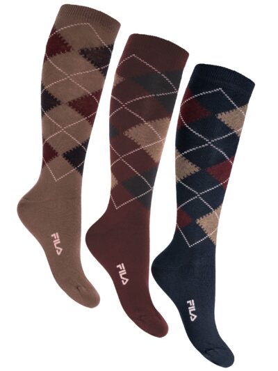 Drei Fila Damen-Kniestrümpfe mit Argyle-Rautenmuster in Beigebraun, Bordeaux und Nachtblau