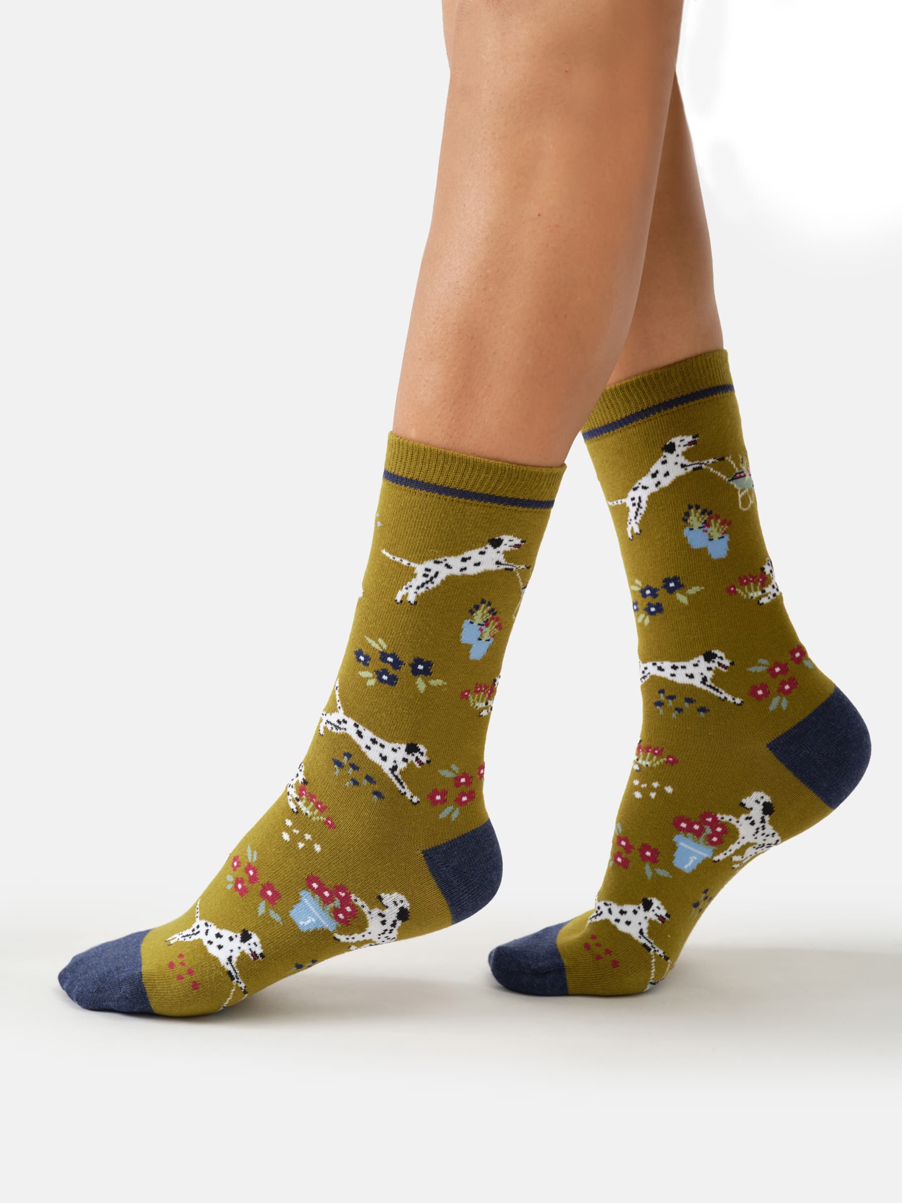 Thought Dalmatiner Socken Gelbgrün mit Blumenmotiv